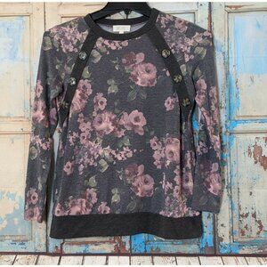 Riah Fashion Womens Small Gray Pink Floral Crew Neck Long Sleeve Blouse Top